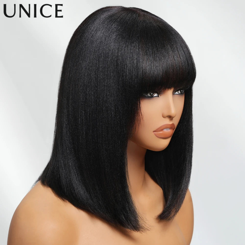 Unice Hair Yaki Straight Bob Wig With Bangs Real Scalp Middle Part 4x2 Lace Glueless Wig Human Hair Ready To Wear 150% Density