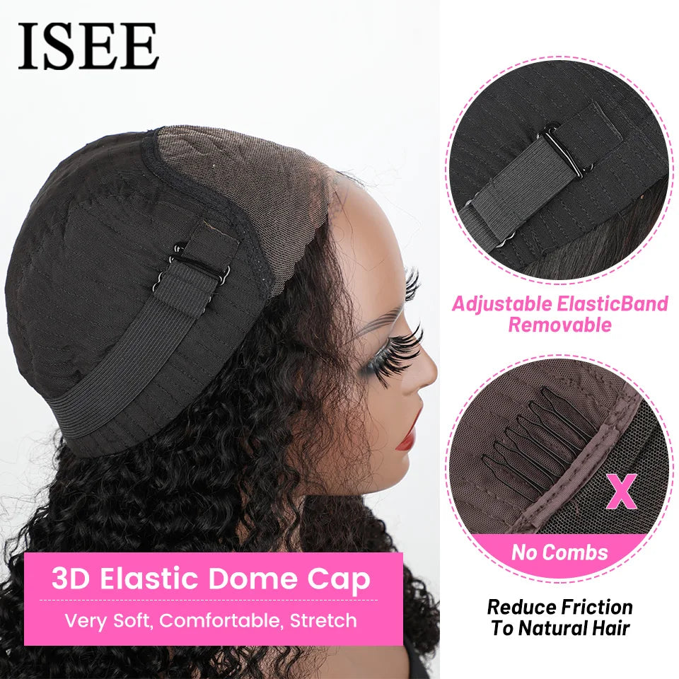 ISEE Hair 9X6  Burmese Curly Glueless Wigs Natural Black Pre Bleached Human Hair  Wig M-Cap Wear Can Go Wig Pre Cut Lace