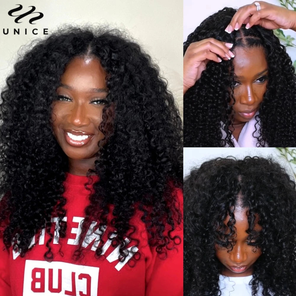 UNICE Hair Drawstring Cap Curly V Part Wig Small Head Friendly Clip-In Human Hair Wigs No Glue Minimal Leave-out 150% Densit