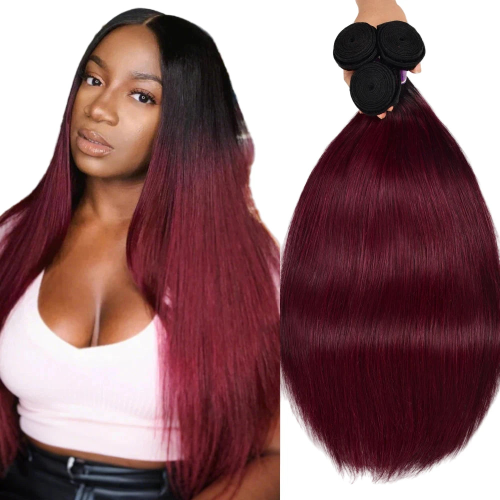 UNICE Hair 1B99J Straight Human Hair Bundles 1/3/4 PCS Deal Ombre Burgundy Pre Colored Burgundy 100% Human Hair Bundles