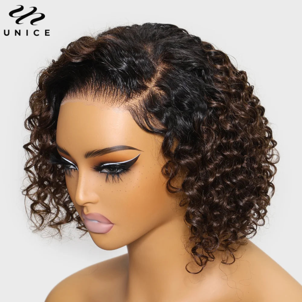 UNice Hair Ombre Brown Curly Bob Wig Human Hair 7x5 Pre Cut Lace Glueless Wig Ready To Wear Side Part Short Curly Wigs for Women