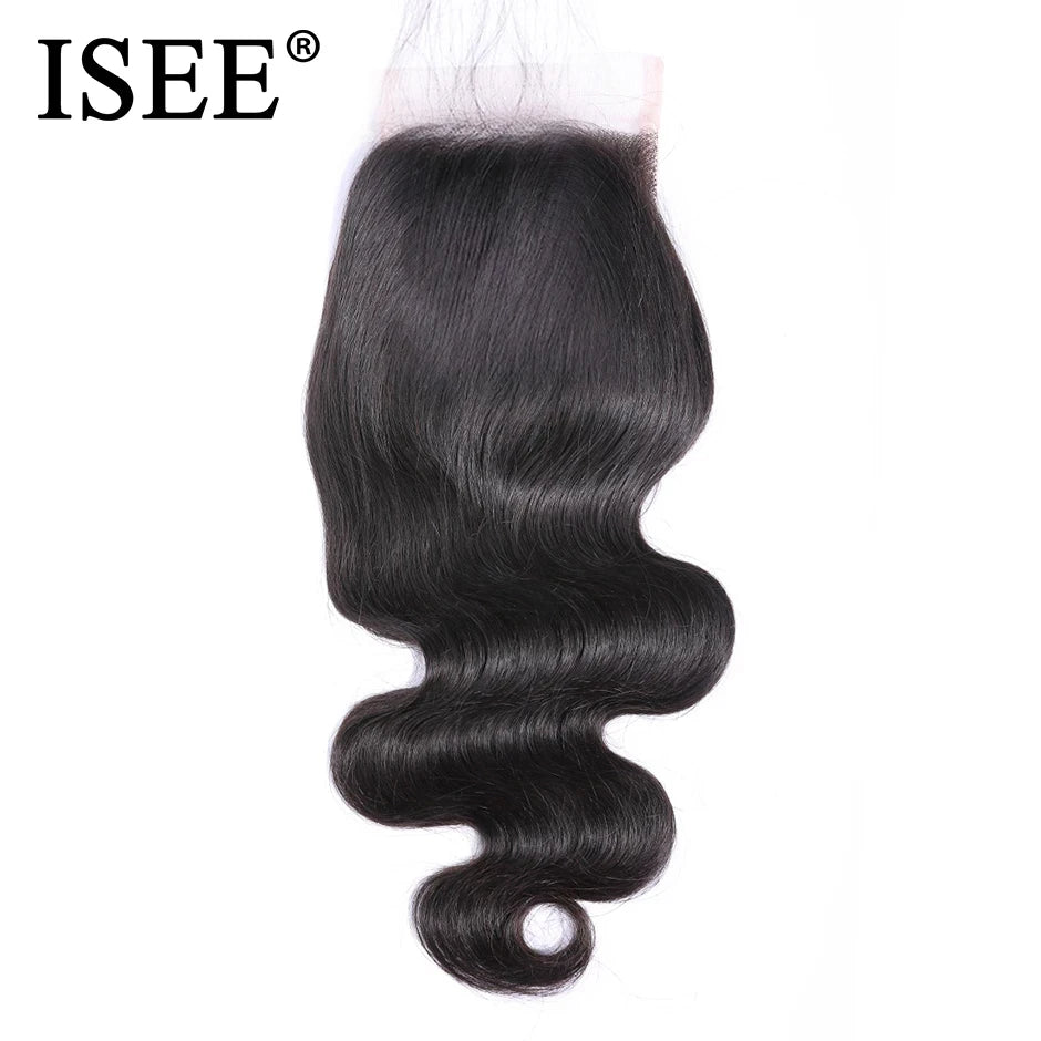 ISEE HAIR Brazilian Body Wave Closure Free Part Hand Tied 100% Remy Human Hair 4*4 Lace Closure Nature Color