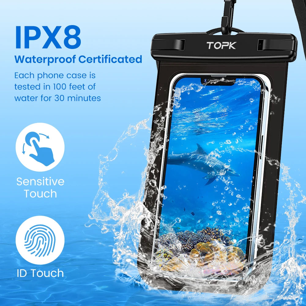 TOPK Waterproof Phone Pouch Case[2 Pack]IPX8 Waterproof Phone Case for Swimming Dry Bag with Clip Strap for iPhone 15 Up to 7”