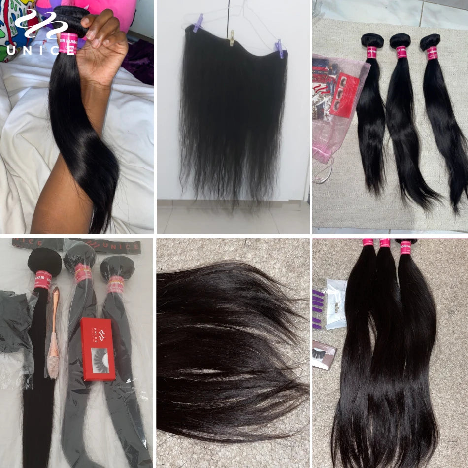 Unice Hair Straight Human Hair Bundles With Closure Natural Color 100% Human Hair 4x4 Lace Closure With 3/4 PCS Deals