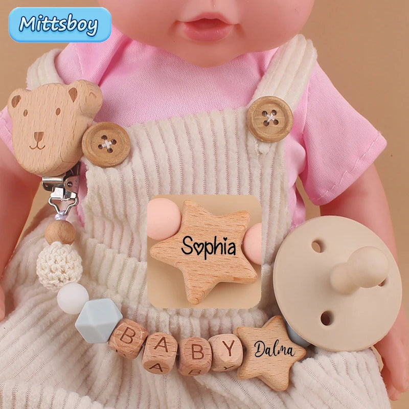 NEW Custom Name Wooden Personalized Baby Pacifier Chain Beech Bead Dummy Nipple Holder Guard Teether Pendant Newborn Mother Gift