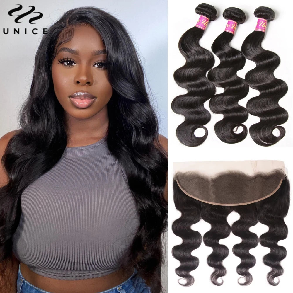 UNICE Hair Body Wave Human Hair Bundles 2/3/4 PCS With 13x4 Lace Frontal / 4X4 Lace Closure / 5x5 HD Lace Closure
