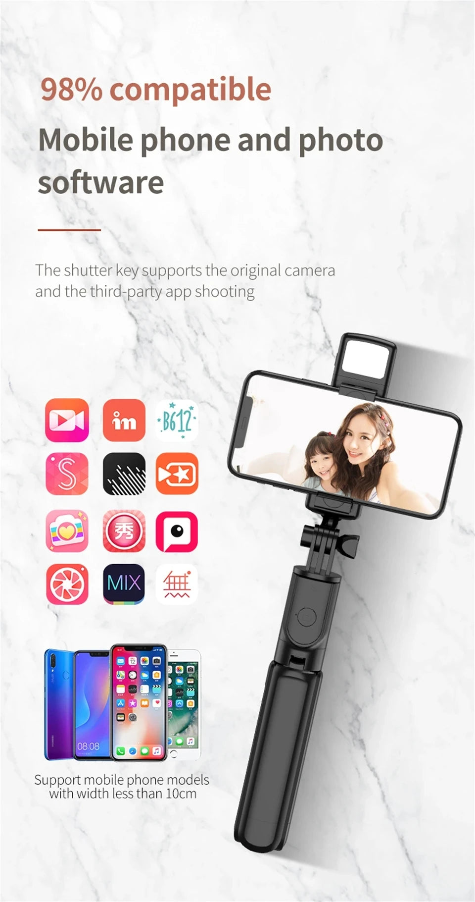 MEUYAG Wireless Selfie stick Tripod With Fill Light Bluetooth Shutter Remote Control Portable Foldable Monopod For Smart Phone