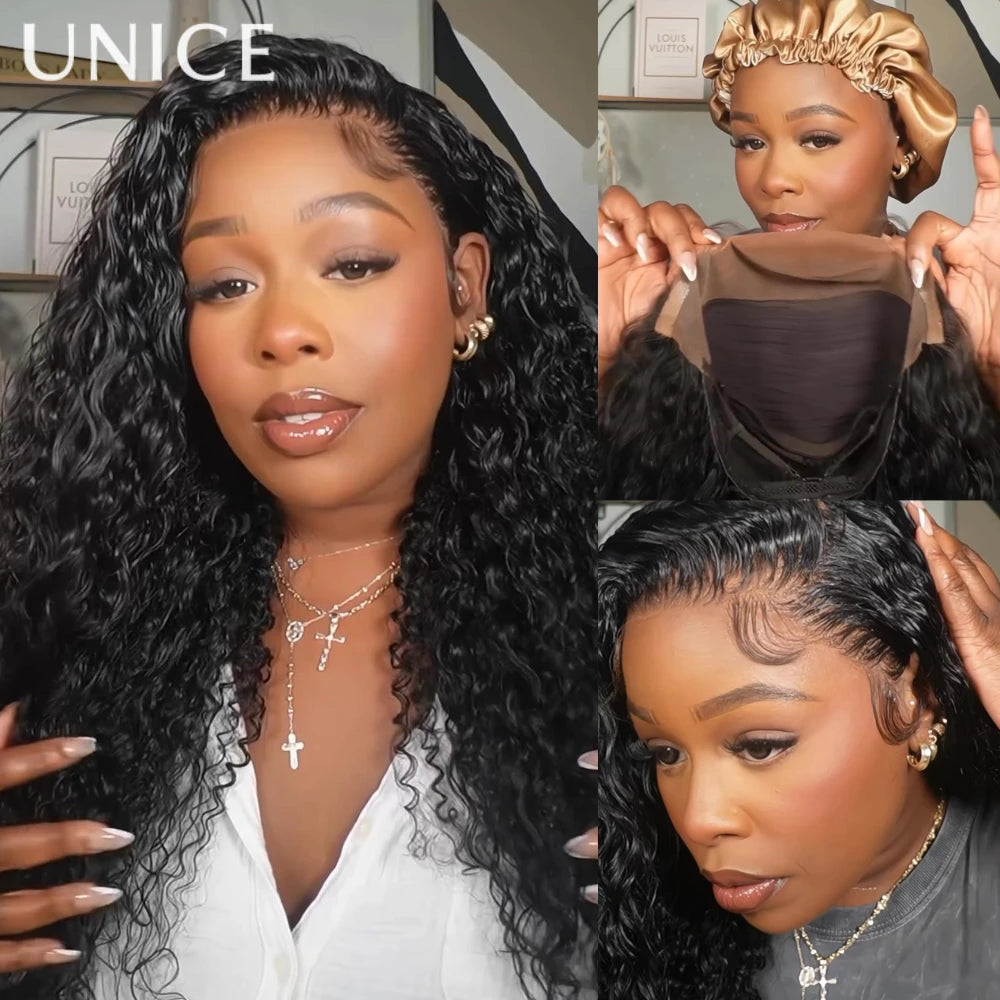 UNice Bouncy Water Wave Curly Wig With Invisi Drawstring 7x5 & 13x4 Pre Cut Pre Bleached Glueless Wig Human Hair 150% Density