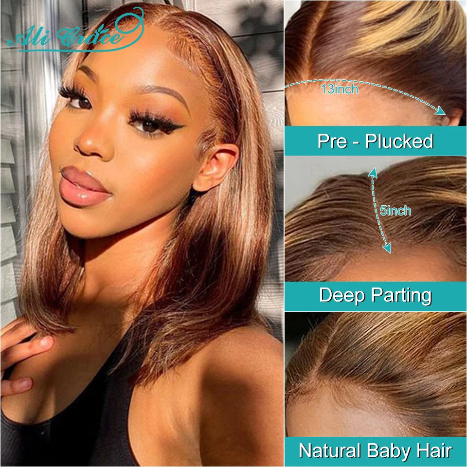 Ali Grace Highlight Brown Wig Straight Short Bob Wigs Ombre Color Human Hair Wigs 4X4 Lace Closure Wig Blunt Bob Wig Pre-Plucked