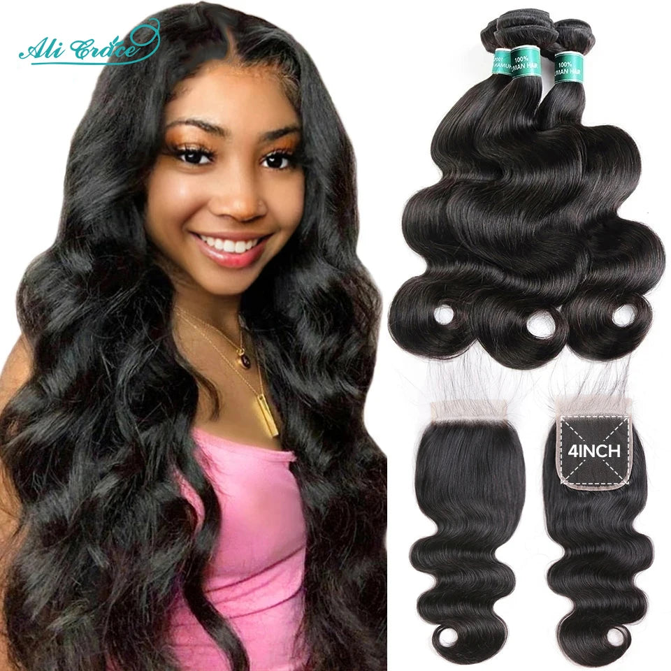 Ali Grace Body Wave Bundles With Closure Brazilian 3 Bundles With 4x4 Transparent HD Lace Closure Human Hair With Closure