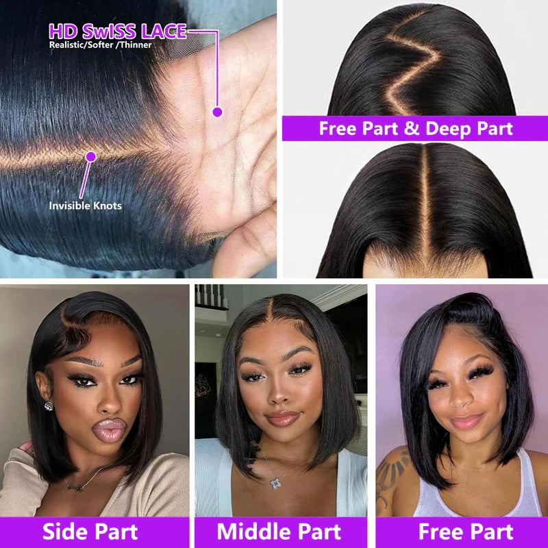 13x4 Lace Front Bob Wig Human Hair 200 Density Brazilian Virgin Straight Hair Wig Pre-Plucked Natural Black
