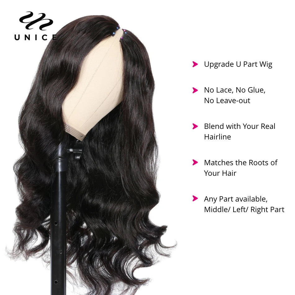 UNice Hair Body Wave V Part Wig Human Hair Natural Color Upgrade U Part Wig Minimal Leave Out No Lace No Glue Wig 150% Density