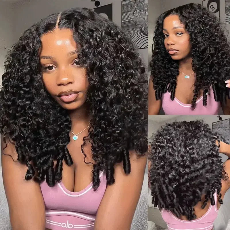 ISEE Hair 9X6  Burmese Curly Glueless Wigs Natural Black Pre Bleached Human Hair  Wig M-Cap Wear Can Go Wig Pre Cut Lace