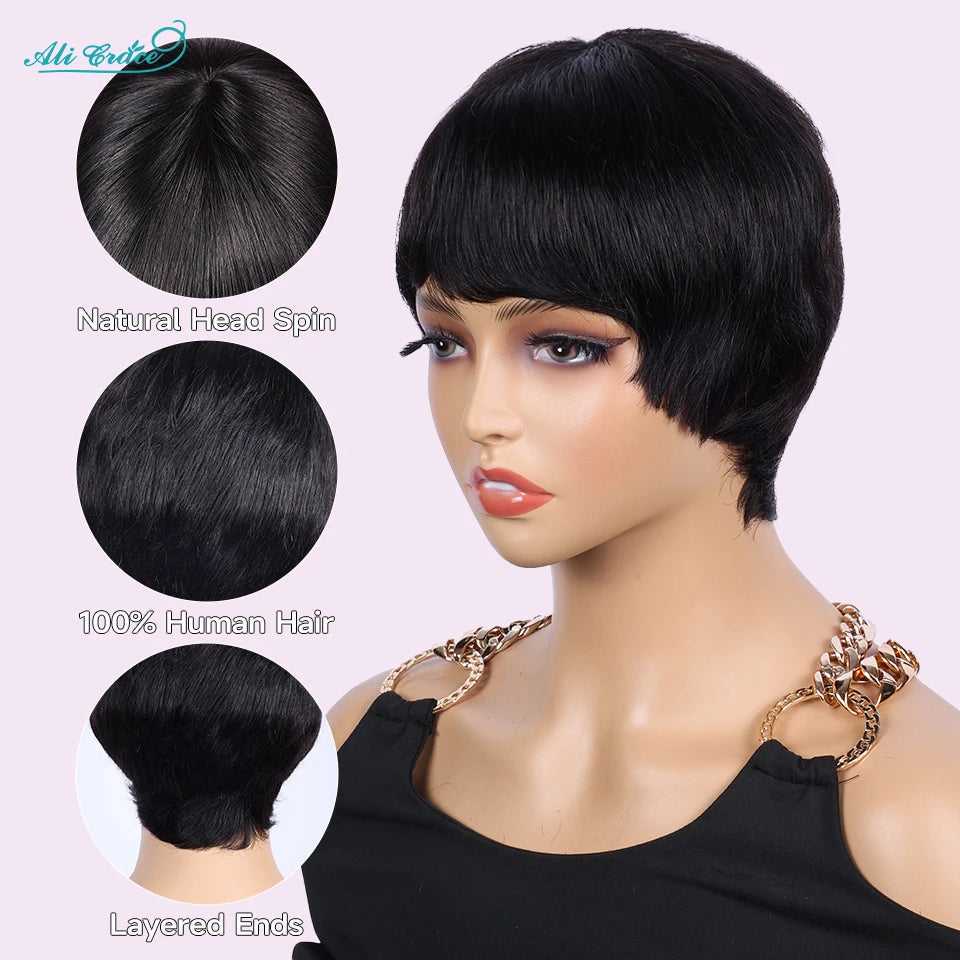 Short Bob Pixie Cut Wigs For Black Women Straight Human Hair Machine Made Wigs With Bangs Brazilian Remy Hair Wig Ready To Go