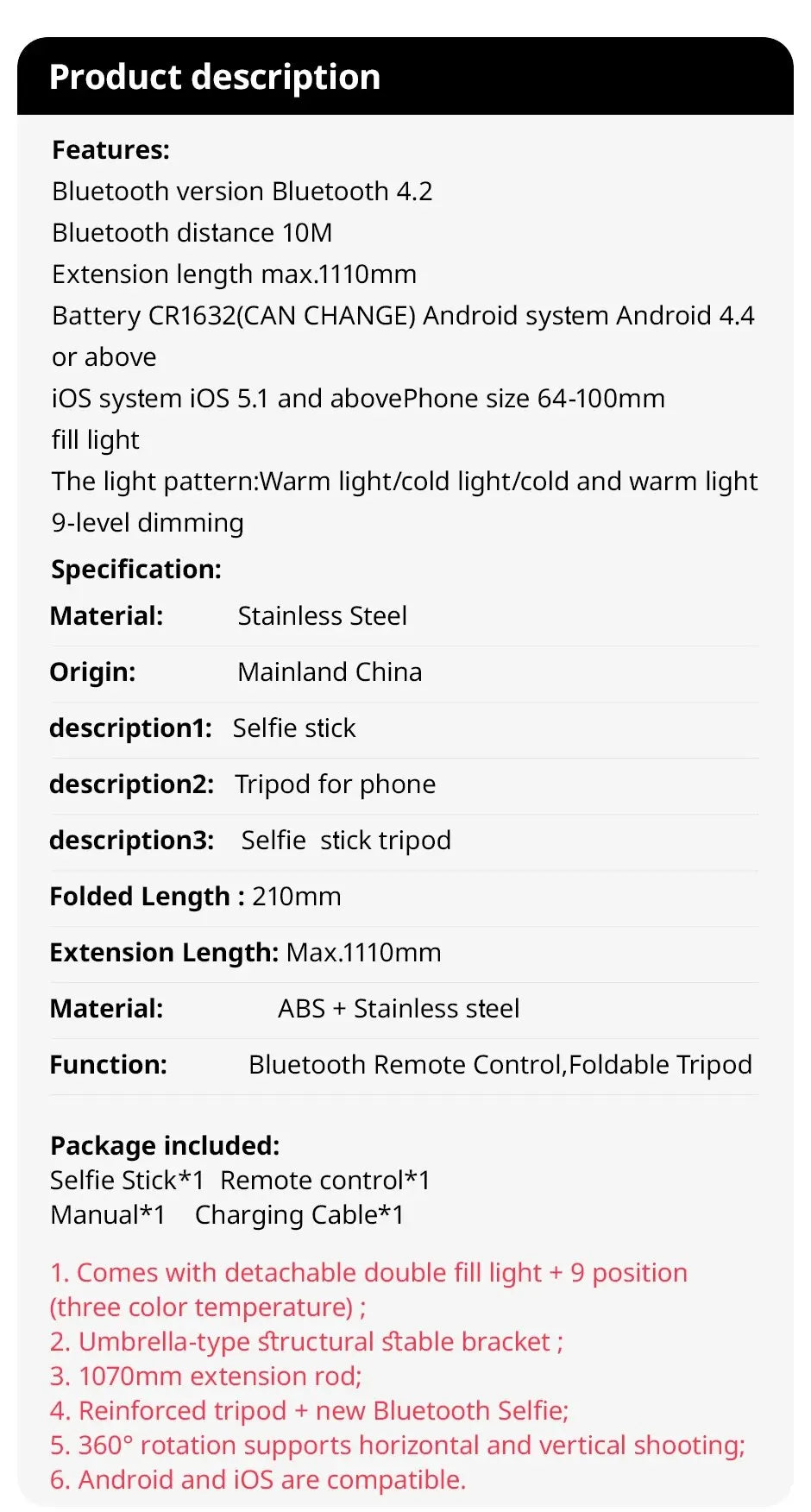 Wireless Bluetooth Selfie Stick Foldable Portable Tripods with Fill Light Shutter Remote Control For Smartphone Video Recording