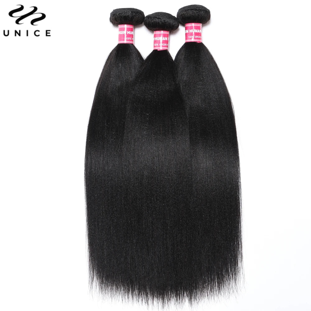 UNICE Hair Yaki Straight Human Hair Bundles With Closure Deal 2/3/4 PCS Bundles Hair And 1PC Free Part 4x4 Inch Lace Closure
