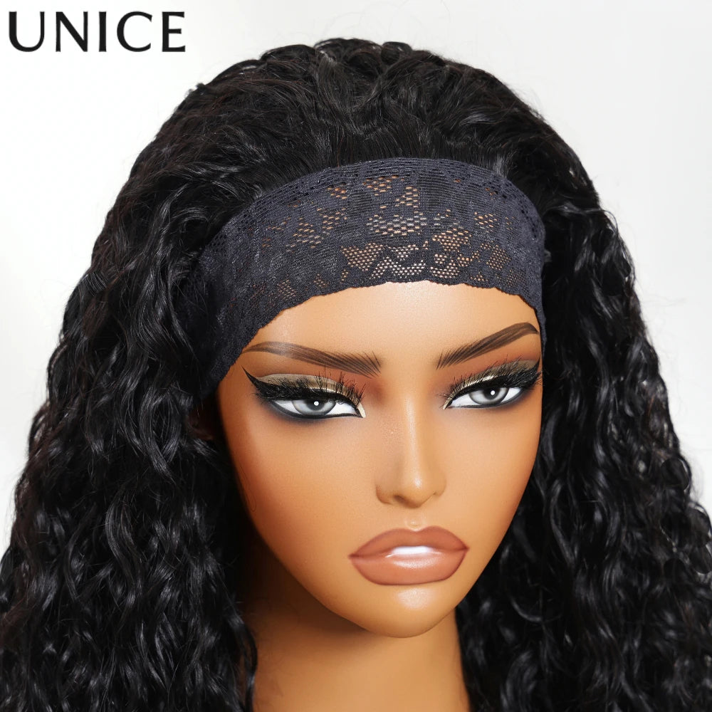 Unice Hair Upgrade Drawstring Mesh Lace Water Wave Headband Wigs Human Hair No Glue No Lace Fit For All Head Sizes