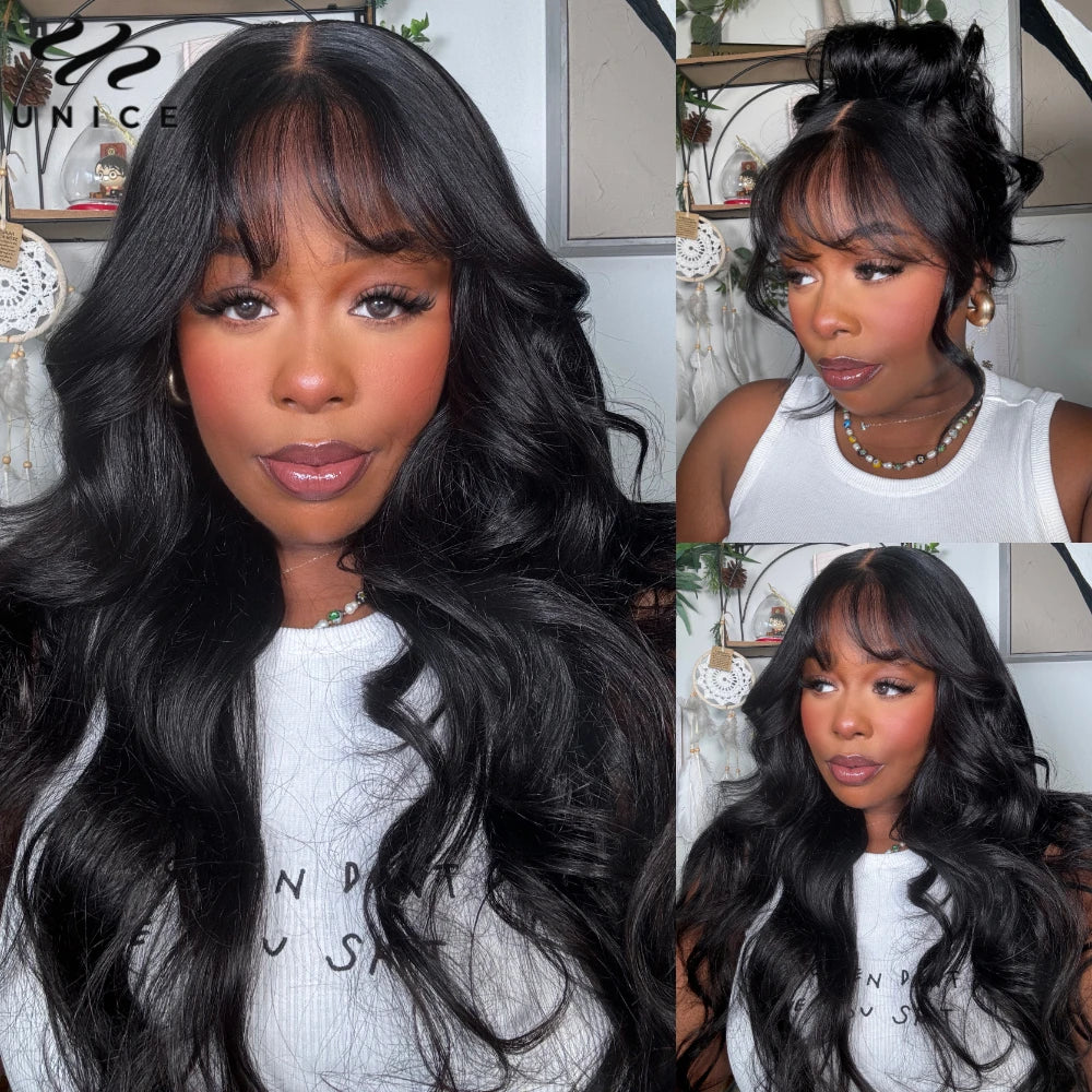 Unice Hair Loose Wave 13x4 Human Hair Lace Frontal Wig With Bangs Pre Cut Pre Bleached Pre Plucked Lace Front Human Hair Wig
