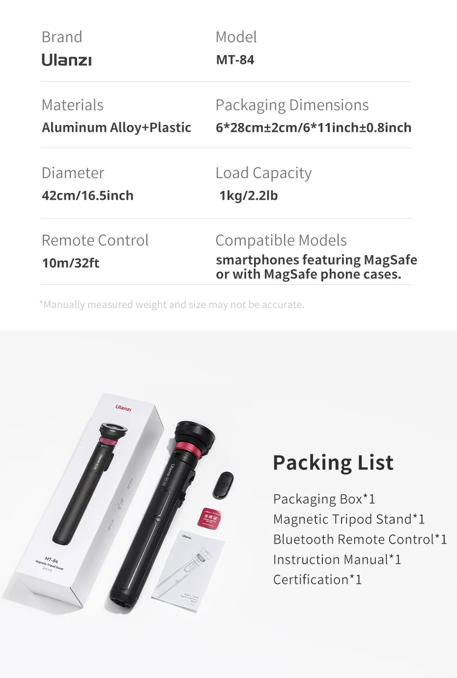 Ulanzi MT-84 Magnetic Tripod Portable Selfie for iPhone 15 14 13 Pro Pro Max for Live Streaming Vlogging