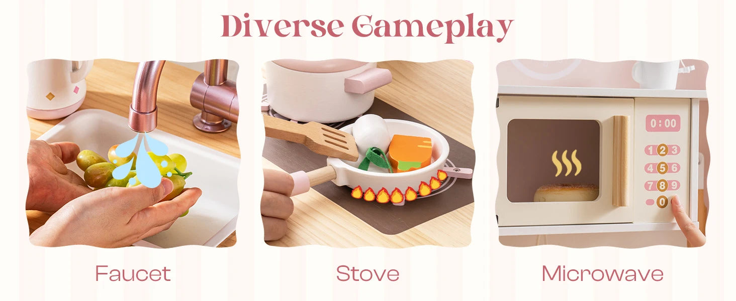 Robotime Robud Kids Corner Kitchen Playset Wooden Play Kitchen Set with Realistic Sound Pretend Play Gift for Boys Girls Pink