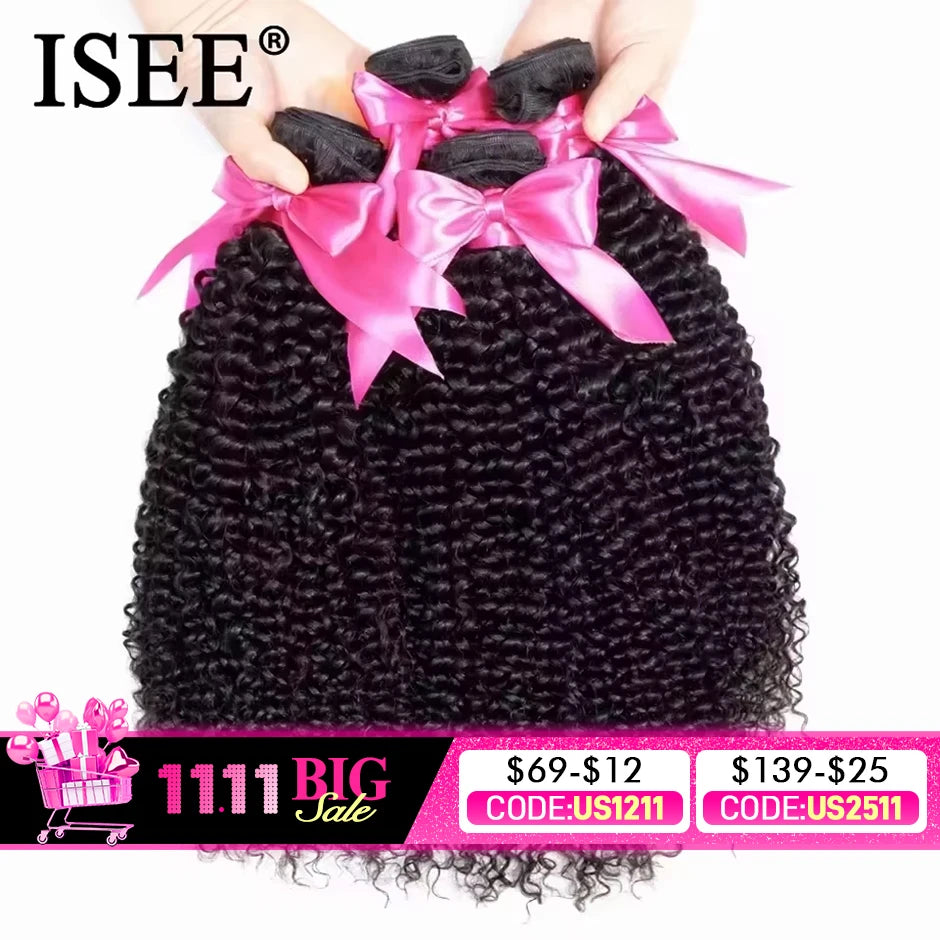 ISEE HAIR Mongolian Kinky Curly Hair Extension 100% Human Hair Bundles Unprocessed Virgin Hair Weaves 1/3/4 Bundles Nature Color
