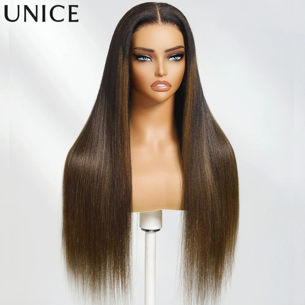 UNice Hair Upgrade Drawstring Yaki Straight Wig 7x5 Pre Cut Pre Bleached Glueless Wig Human Hair Ready To Wear 150% Density