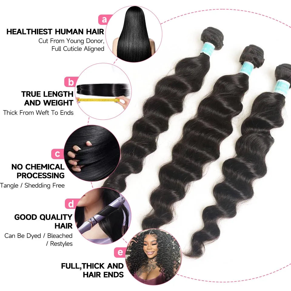 Ali Grace Hair Brazilian Loose Wave Bundles With Closure Transparent 100% Remy Hair 3 Bundles With 4x4 Lace Closure Middle/Free