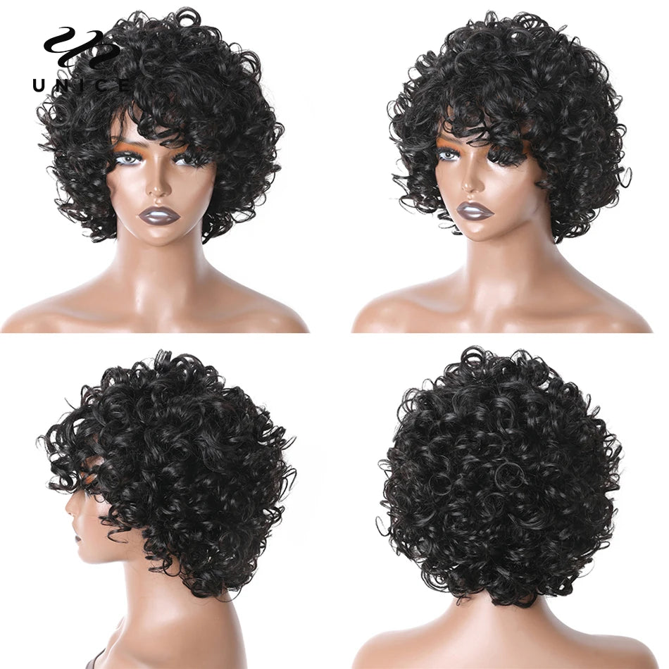 Unice Hair Curly Human Hair Wigs Pixie Cut Bob Wig 10 Inch Full Machine Made Short Human Hair Wigs