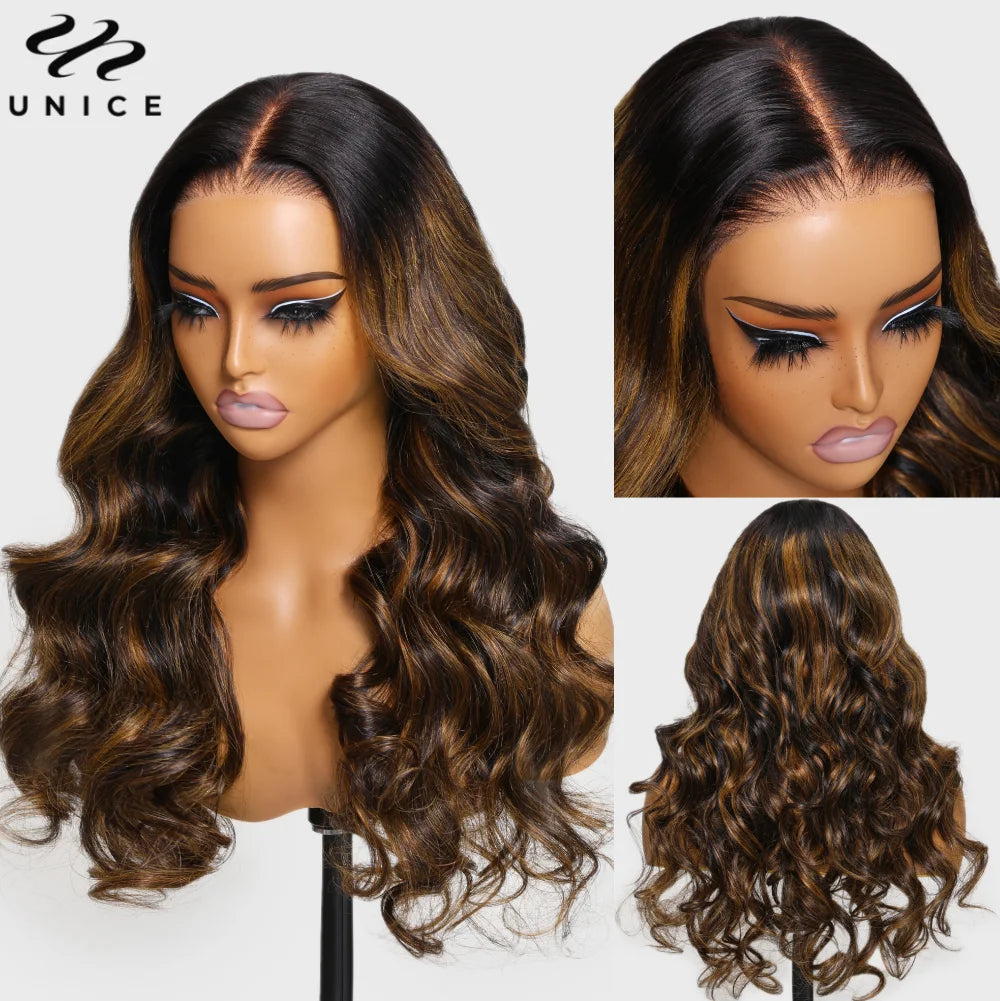 UNice Hair 7x5 Bye Bye Knots Balayage Highlight Body Wave Wig Pre Cut Pre Bleached Glueless Wig Human Hair 150% Density