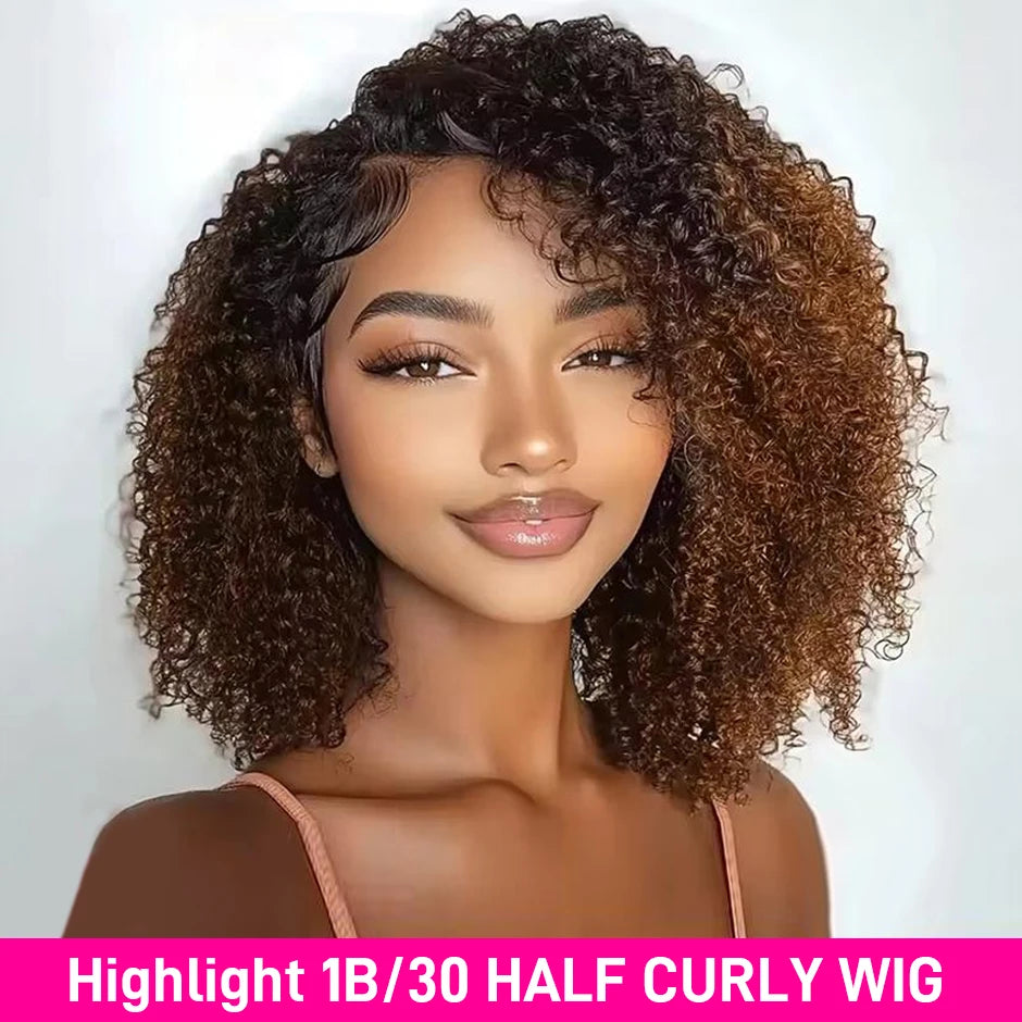 ISEE Hair 3 IN 1 Half Wigs Human Hair Water Wave Highlight 1B/ 30 Glueless Wigs With Drawstring Seamless Clip Ins Flip Over