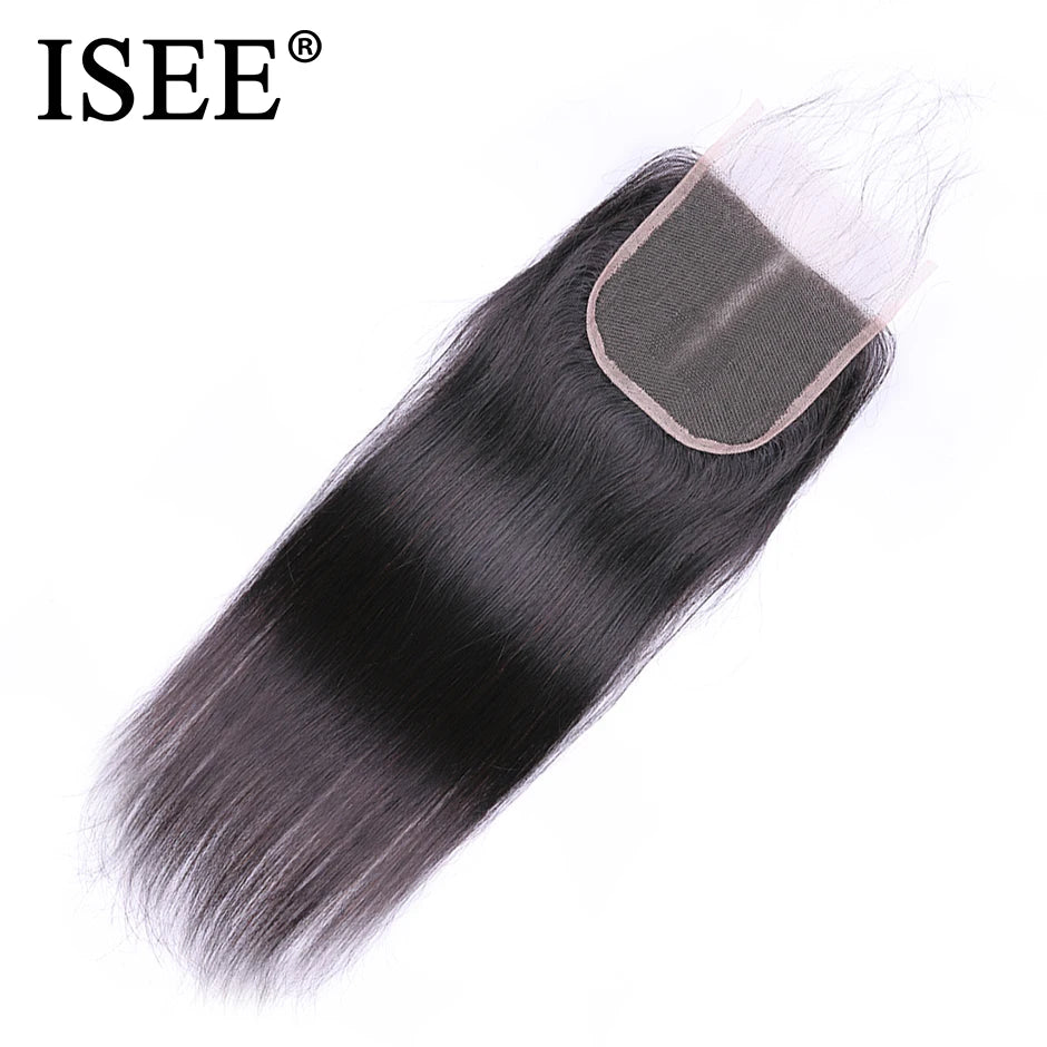 ISEE HAIR Peruvian Straight Hair Lace Closure HD 4"*4" Free Part 100% Remy Human Hair Medium Brown Lace Closure
