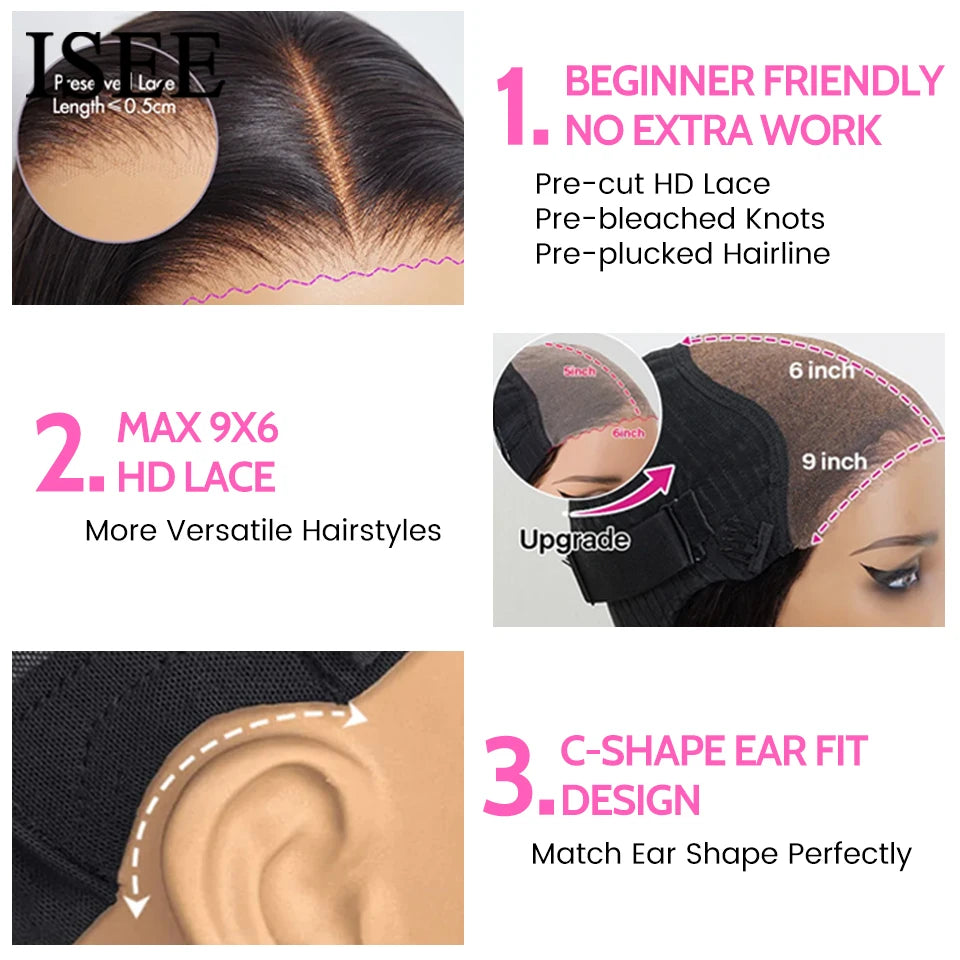 ISEE Hair 9X6  Burmese Curly Glueless Wigs Natural Black Pre Bleached Human Hair  Wig M-Cap Wear Can Go Wig Pre Cut Lace