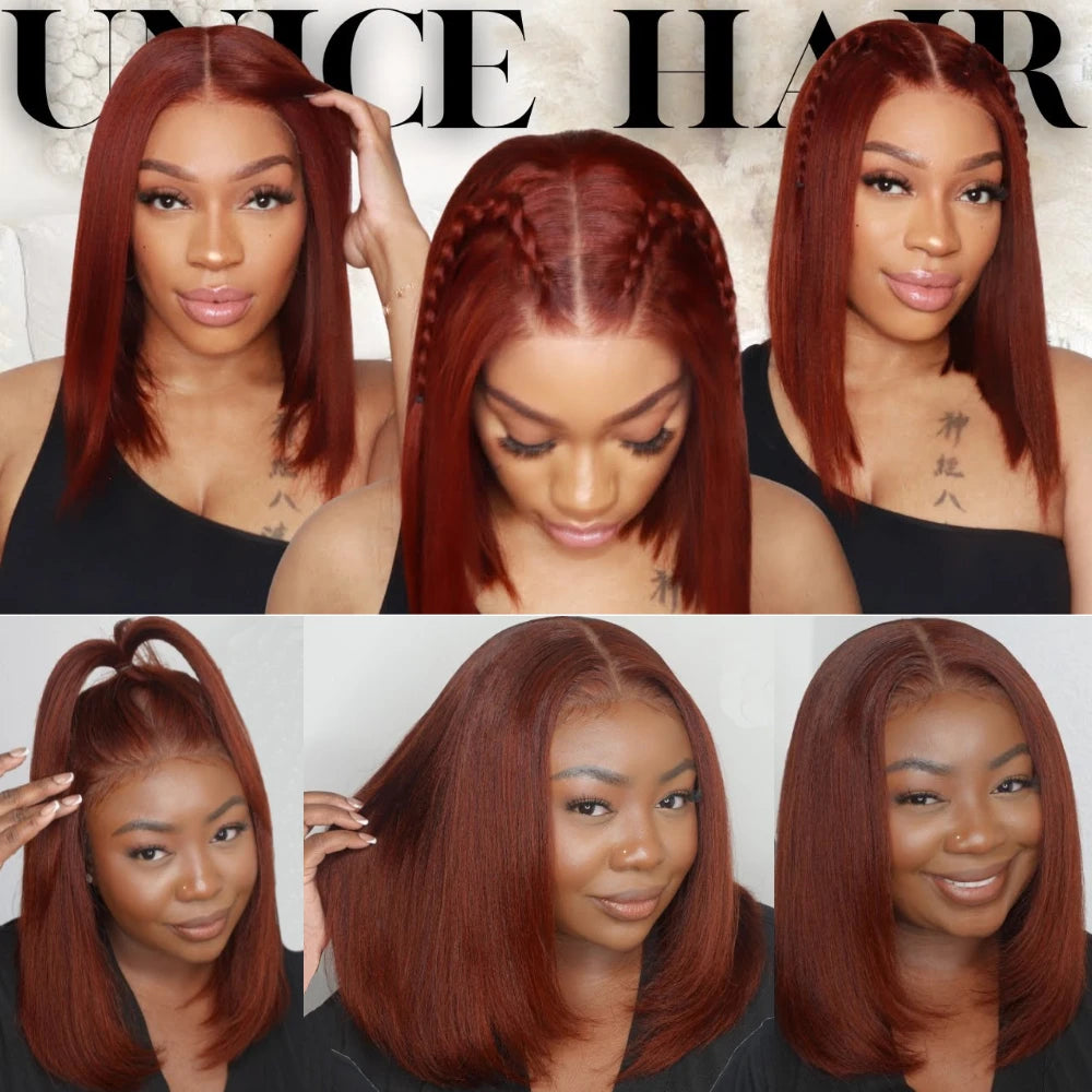 UNICE Hair Reddish Brown 7x5 Yaki Straight Bob Wig Human Hair Pre Cut Pre Bleached Glueless Wig 150% Density