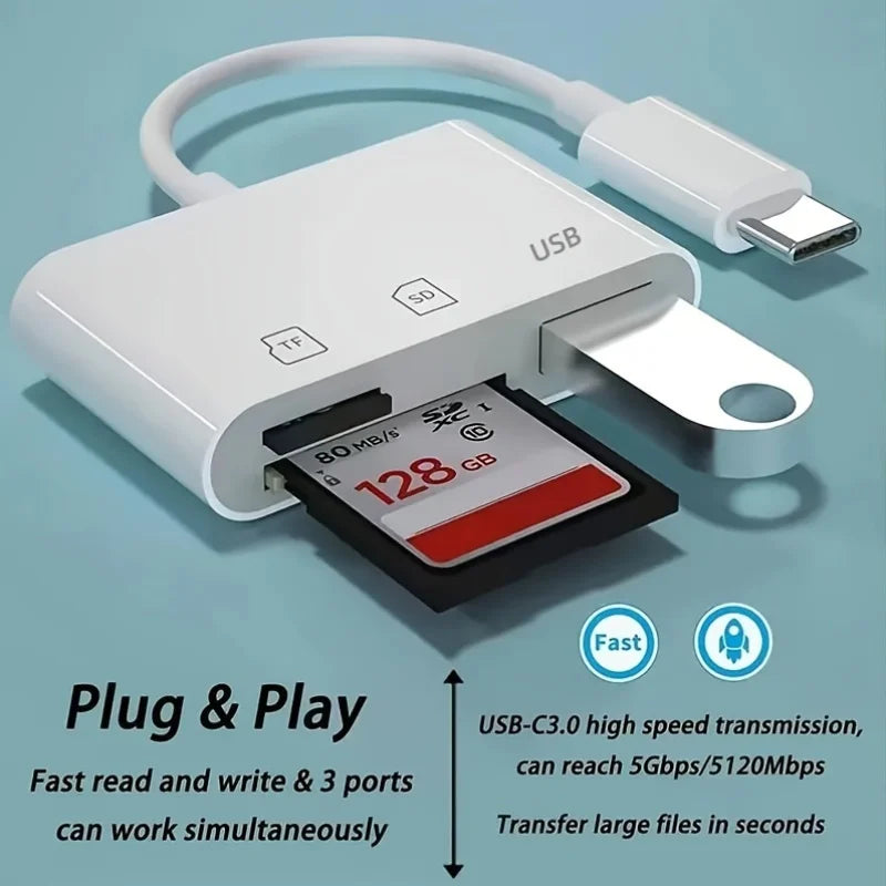 3 In 1 Adapter Type-C, Tf, Cf, Sd, Memory Card Reader, Recorder, Compact Flash Usb-C, Pro, Macbook
