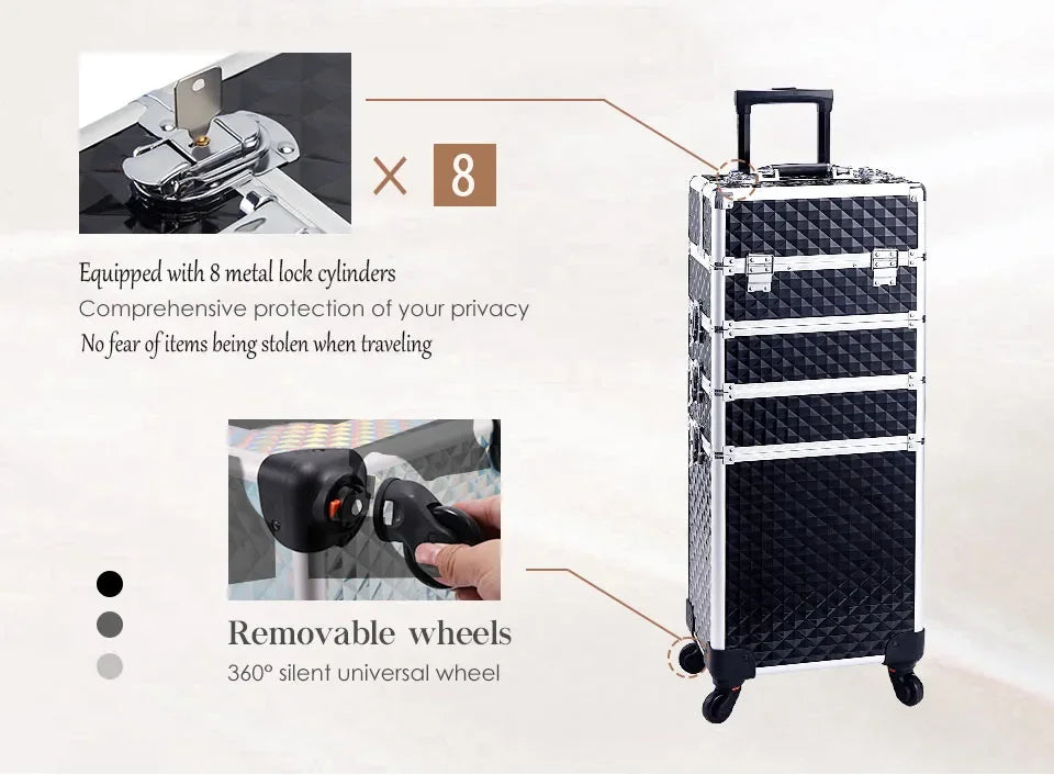 Makeup Trolley Case Detachable 4 in 1 Alloy Train Briefcase for Nail Manicure on Wheels Lock Salon Large Capacity Storage Case