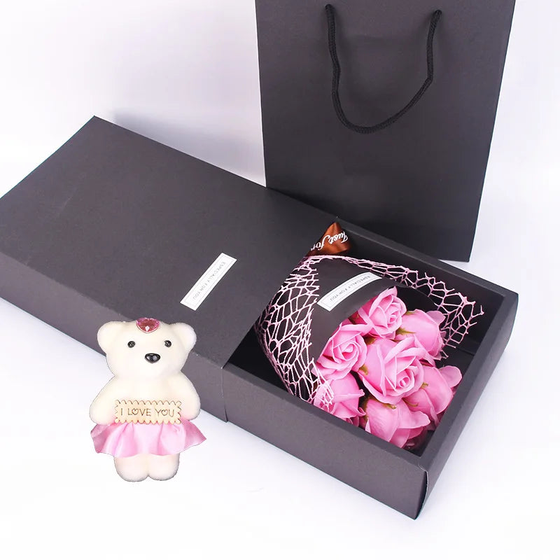 7 Heads Artificial Rose Bouquet Little Bear Gift Box Handmade False Flower Bouquet Mother's Day Birthday Party Gifts Home Decor