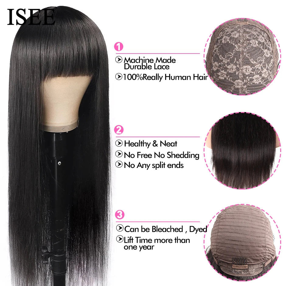 ISEEHAIR Machine Made Sew In Wig Human Hair Straight Wig  Malaysian Straight Wig with Bang Natural Color For Women Wigs No Glue