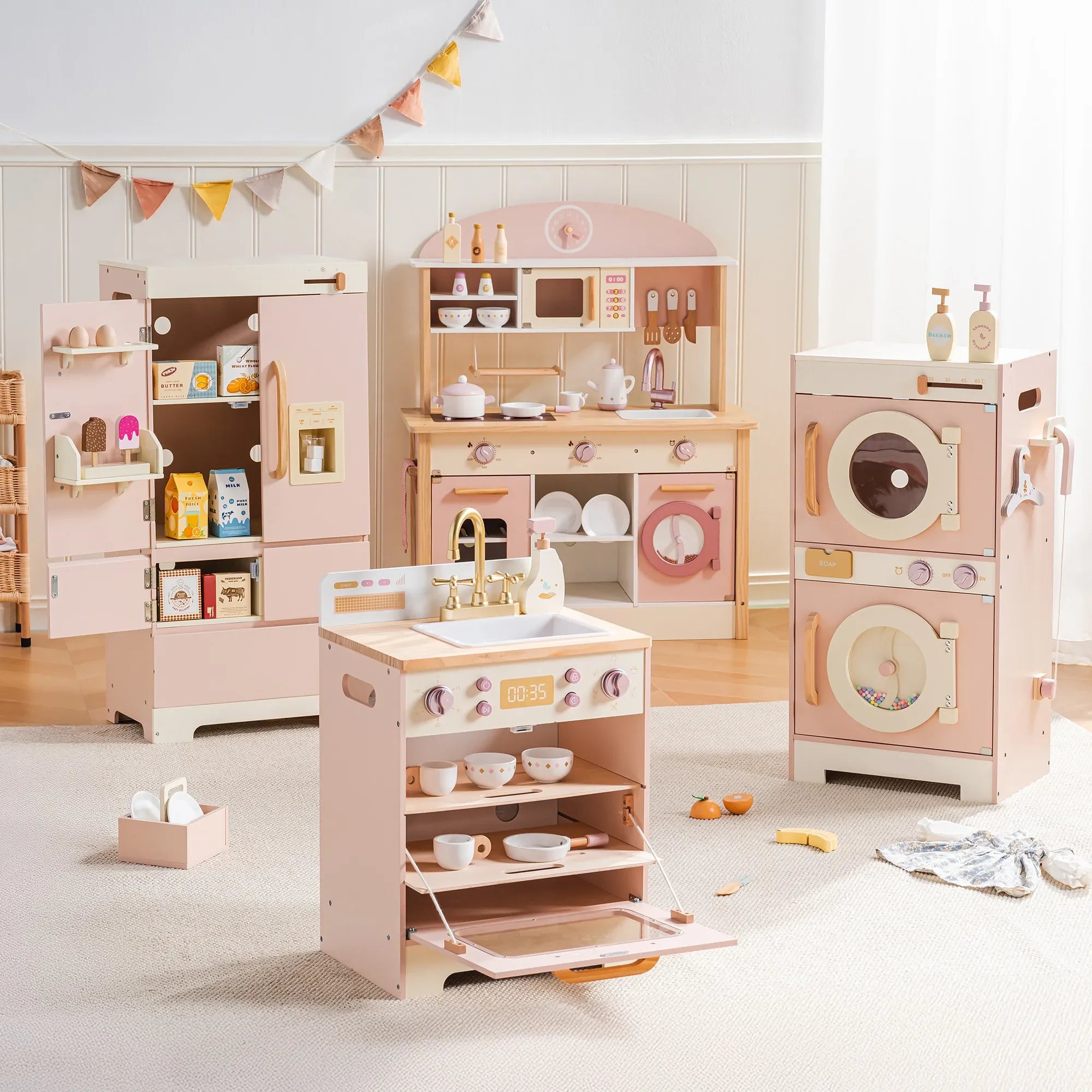 Robotime Robud Kids Corner Kitchen Playset Wooden Play Kitchen Set with Realistic Sound Pretend Play Gift for Boys Girls Pink