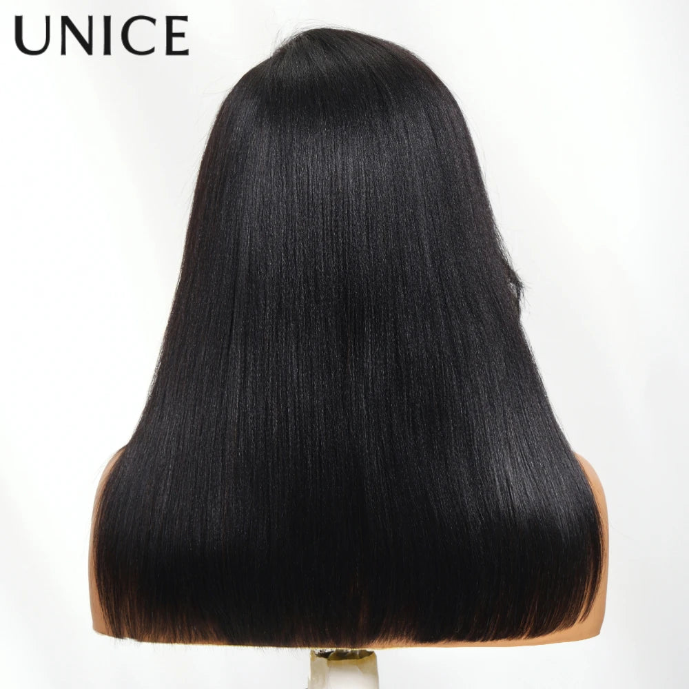 UNice Hair Side Part Yaki Straight Wig Drawstring Cap 7x5 Lace Pre Cut Pre Bleached Glueless Wig Human Hair Short Bob Wigs