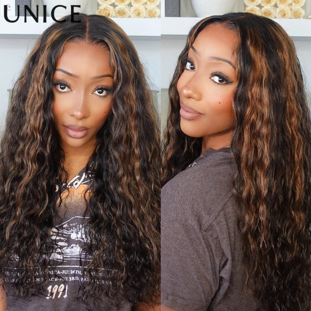 UNICE Gloden Brown Highlights Water Wave Wig 7x5 Lace Pre Cut Pre Bleached Glueless Wig Human Hair Ready To Wear 150% Density