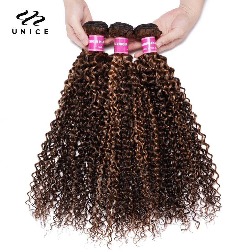 UNICE Hair TL412 Blonde Highlight Curly Hair Bundles 1/3/4 PCS Deal Pre Colored Human Hair Bundles Sew In Weaves Extentions