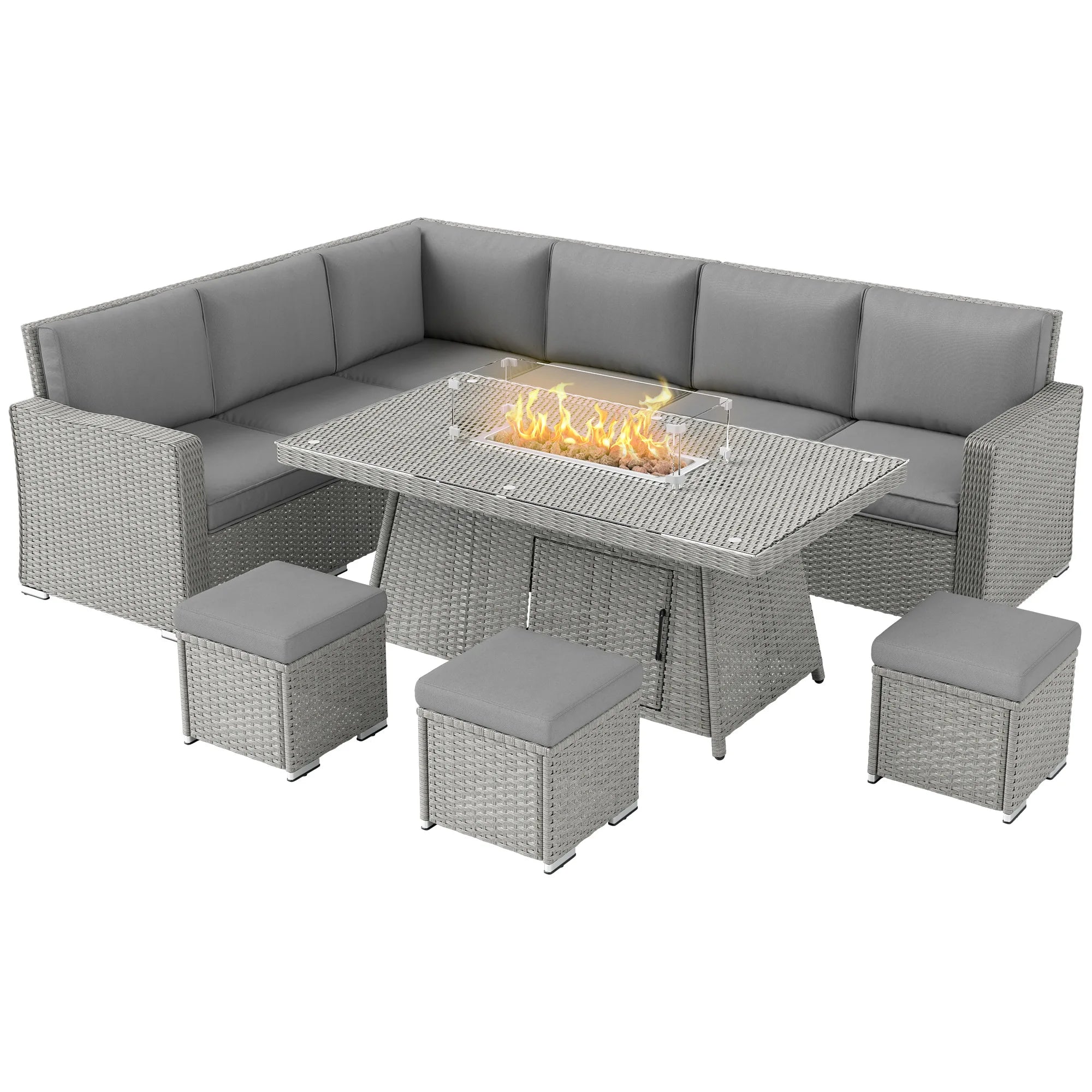 Outsunny 7 Pieces PE Rattan Garden Furniture Set, 50,000 BTU Gas Fire Pit Table, Double Corner Sofa and 3 Footstools
