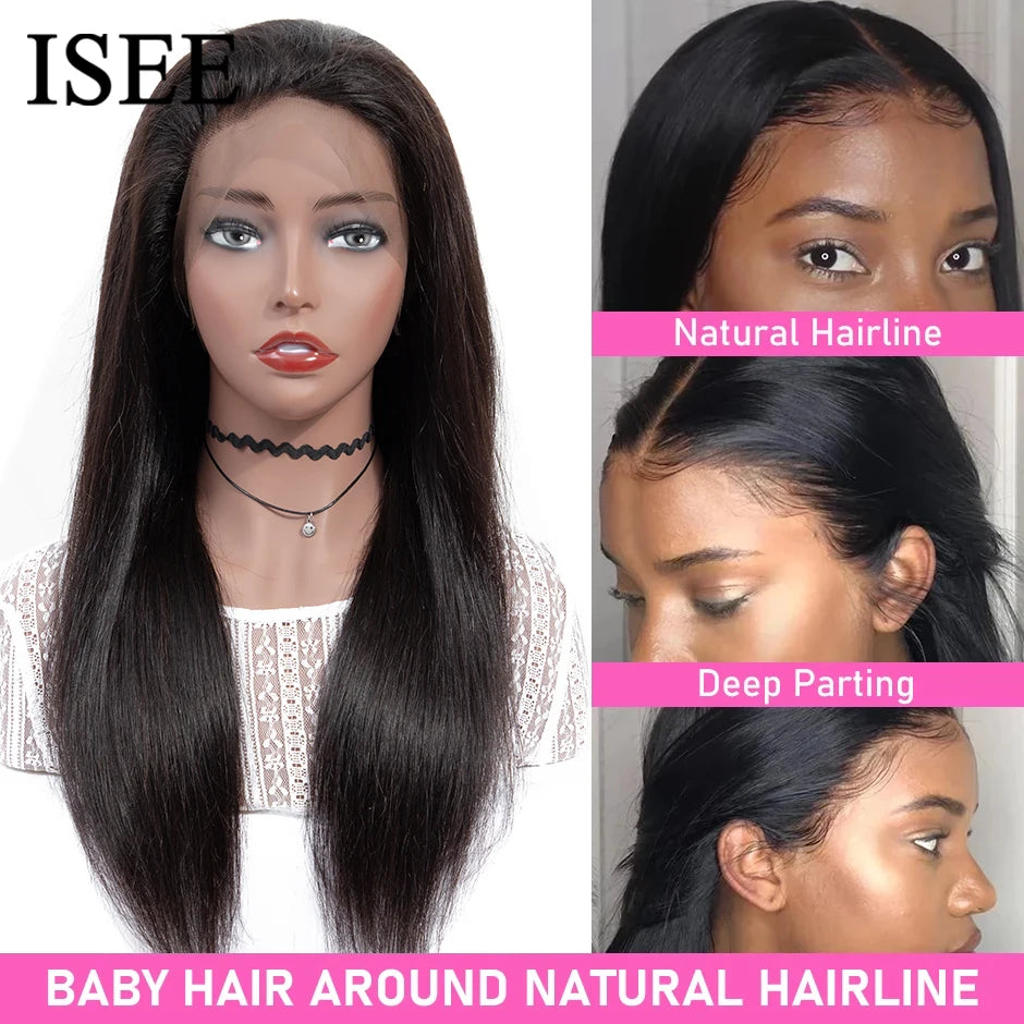 ISEE 13x6 HD Straight Lace Frontal Wigs Full Lace Front Wigs For Women Pre-plucked Transparent Lace Wigs Human Hair Wigs