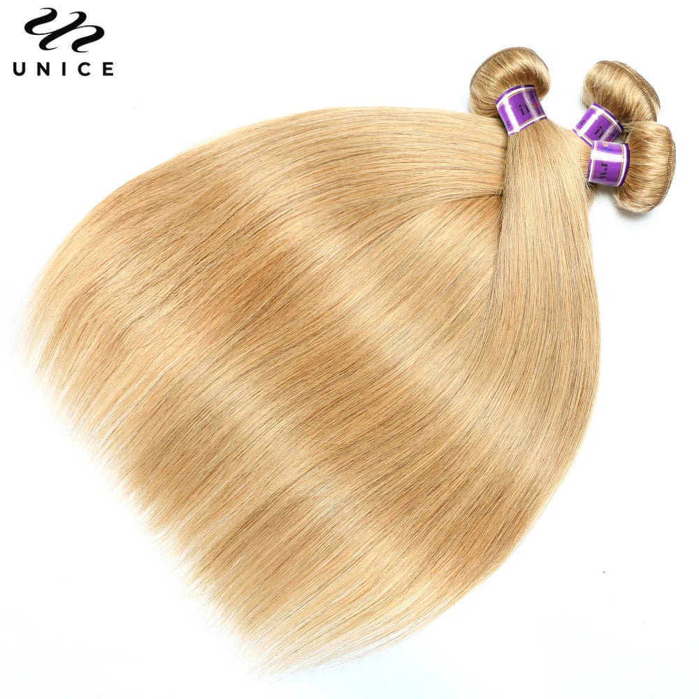 UNice #27 Honey Blonde Human Hair Bundles 3PCS Deal Bone Straight Hair Bundles 100Grams Per Bundle Sew In Extension Quick Weaves