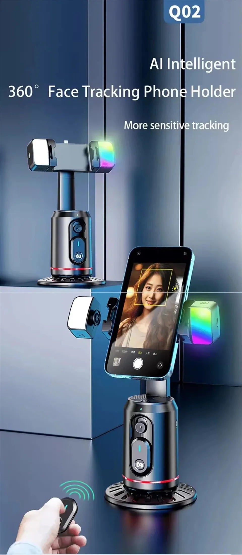 FANGTUOSI 360° Rotation Gimbal Stabilizer tripod Selfie Stick Desktop Face Tracking With Bluetooth Remote Shutter Light Holder