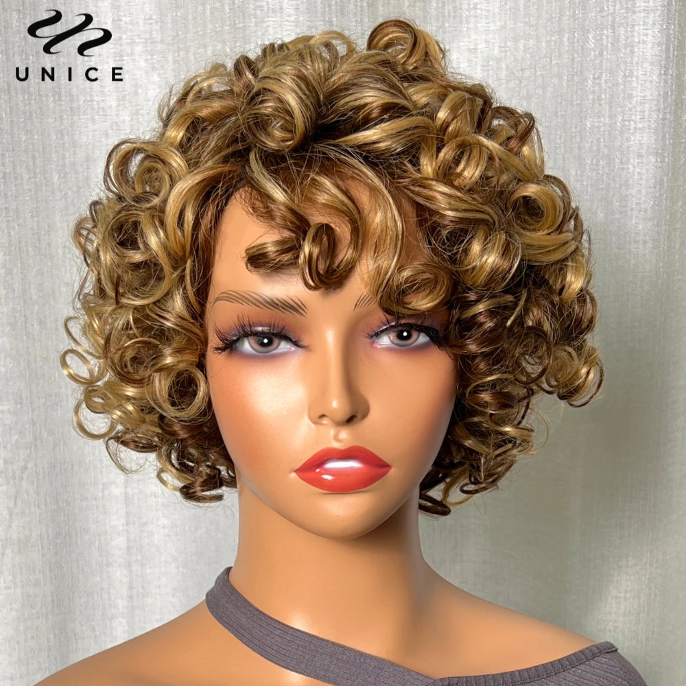 UNice Hair Blonde Curly Wig 100% Human Hair Bouncy Curly Wig with Bangs Open Cap Machine Wigs for Women 8Inch Short Afro Wig