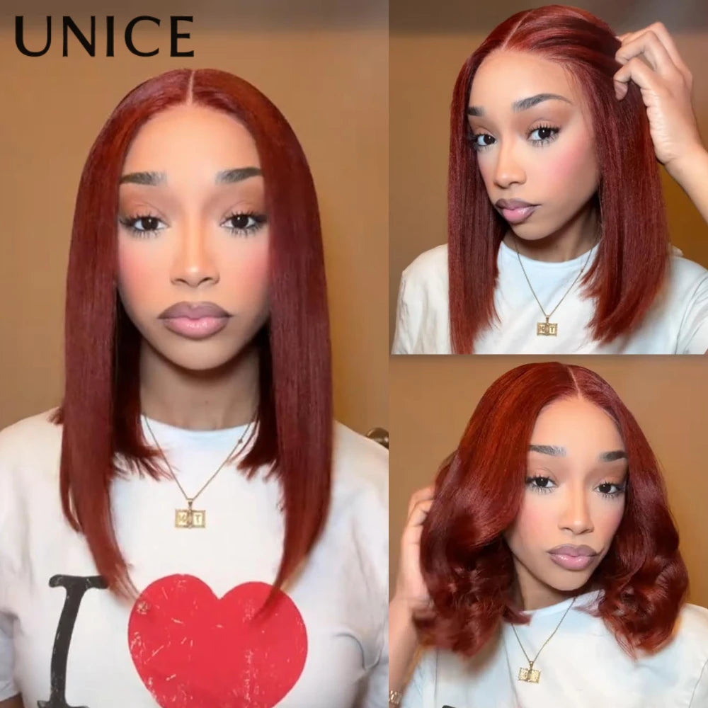 UNICE Hair Reddish Brown 7x5 Yaki Straight Bob Wig Human Hair Pre Cut Pre Bleached Glueless Wig 150% Density
