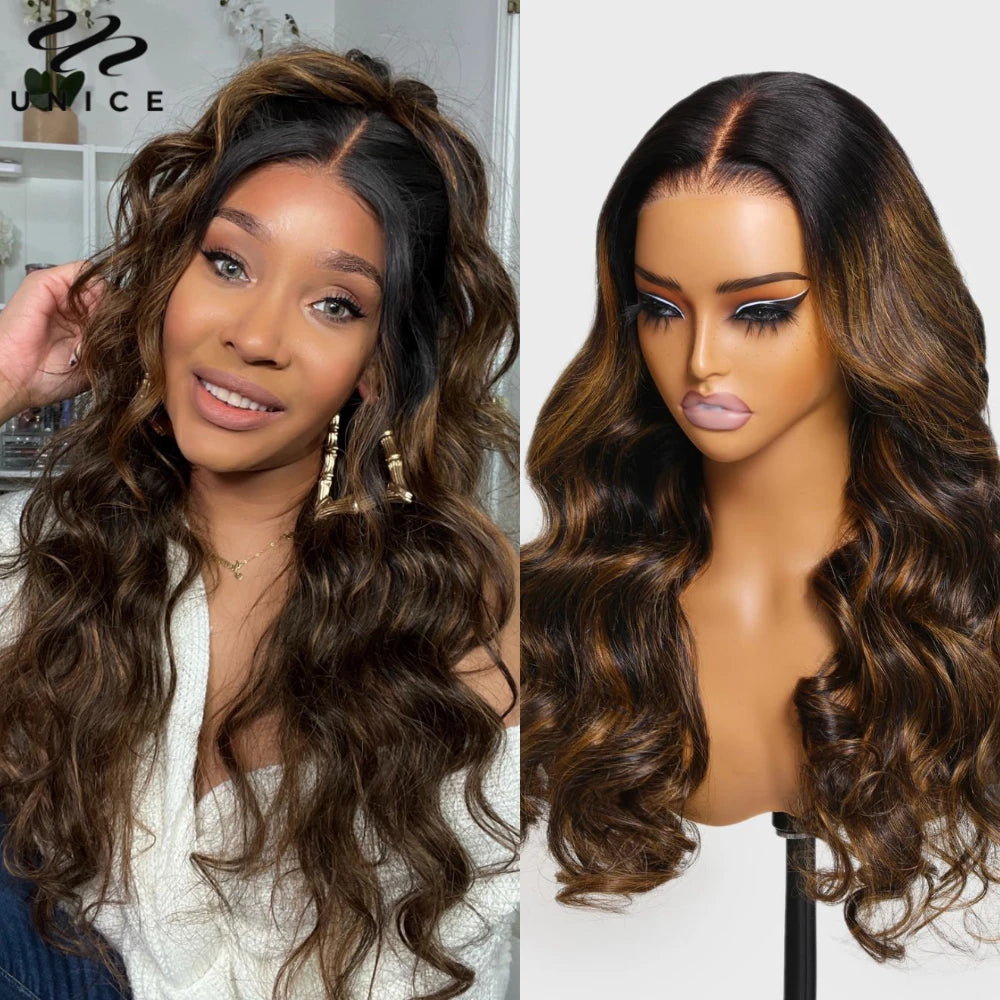 UNice Hair Drawstring Cap 13x4 Human Hair Lace Frontal Wig With Bangs FB30 Balayage Body Wave Wig Pre Everything Glueless Wigs