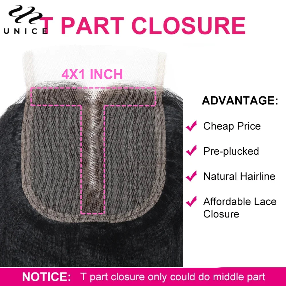 UNice Hair Yaki Straight Lace Closure 4x1 Middle T-Part Human Hair Closure Transparent Swiss Lace Closure 150% Density