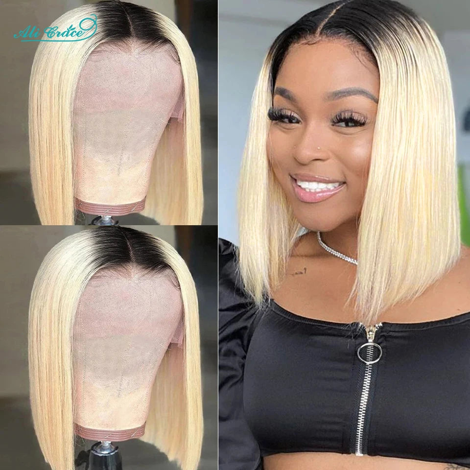 Ali Grace Bob Wigs Human Hair T1B/613 Ombre Straight Hair Short Bob 13X4 Lace Front Wigs For Women Pre-Plucked Hairline Bob Wigs